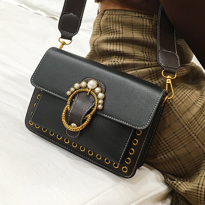  Fashion Pearl Decorative Black Leather Crossbody Bag