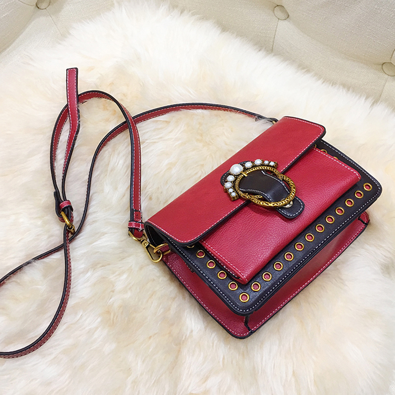  Fashion Pearl Decorative Red Leather Crossbody Bag