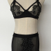 Sexy Euramerican Spaghetti Strap Sleeveless Rhinestone Decorative Black Lace Two-piece Skirt Set