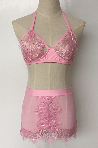 Sexy Euramerican Spaghetti Strap Sleeveless Rhinestone Decorative Pink Lace Two-piece Skirt SetPink Lace Skirt Solid Sexy Two Pieces