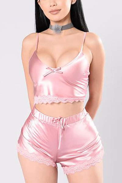 Sexy Spaghetti Strap Sleeveless Backless Pink Polyester Two-piece Shorts Set