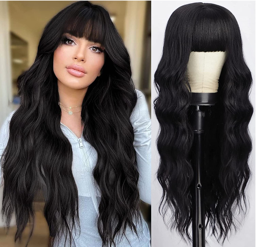 European and American wigs for women with long curly hair large waves straight bangs black machine-made synthetic fiber headwear wigs #95146