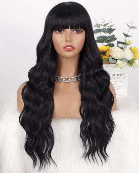 European and American wigs for women with long curly hair large waves straight bangs black machine-made synthetic fiber headwear wigs #95146