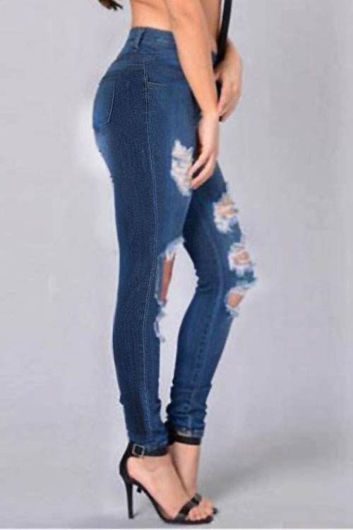  Euramerican High Waist Broken Holes Deep Blue Denim Pants