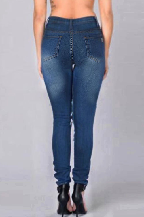  Euramerican High Waist Broken Holes Deep Blue Denim Pants