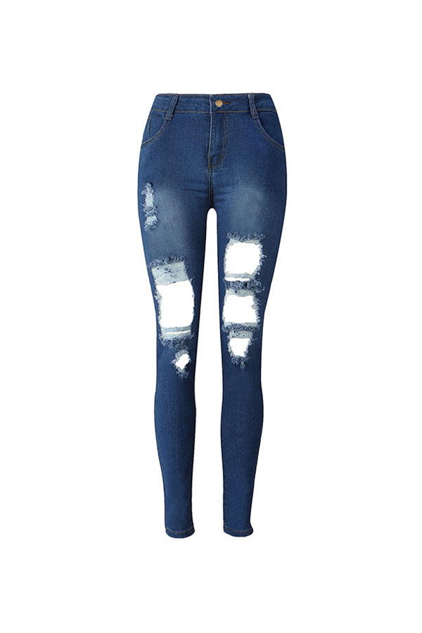  Euramerican High Waist Broken Holes Deep Blue Denim Pants