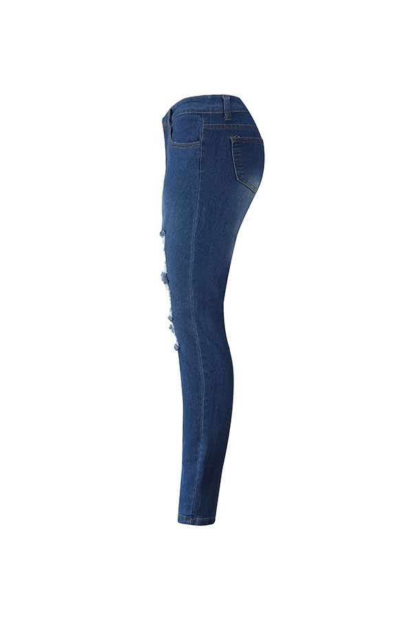  Euramerican High Waist Broken Holes Deep Blue Denim Pants