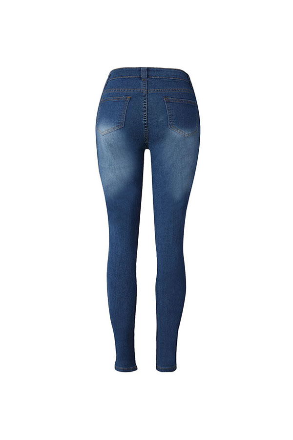  Euramerican High Waist Broken Holes Deep Blue Denim Pants