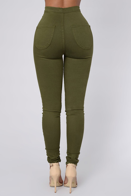  Euramerican High Waist Zipper Design Green Denim Pants