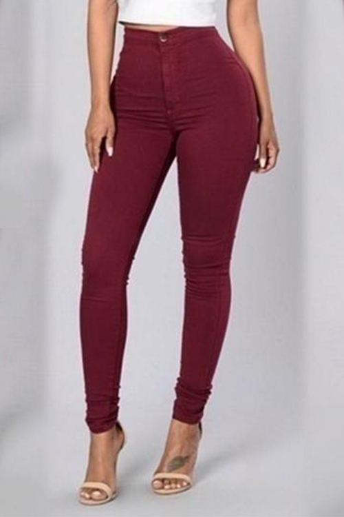  Euramerican High Waist Zipper Design Wine Red Denim Pants