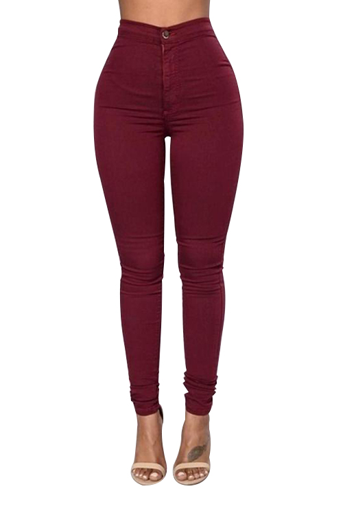  Euramerican High Waist Zipper Design Wine Red Denim Pants