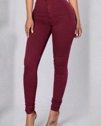  Euramerican High Waist Zipper Design Wine Red Denim Pants