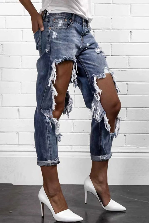  Euramerican Mid Waist Broken Holes Blue Denim Pants Jeans