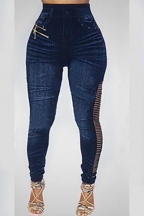  Fashion High Waist Zipper Decoration Broken Holes Dark Blue Denim Pants