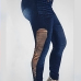  Fashion High Waist Zipper Decoration Broken Holes Dark Blue Denim Pants