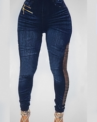  Fashion High Waist Zipper Decoration Broken Holes Dark Blue Denim Pants