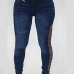  Fashion High Waist Zipper Decoration Broken Holes Dark Blue Denim Pants