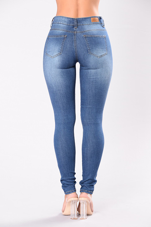  Fashion Mid Waist Blue Denim Zipped Jeans