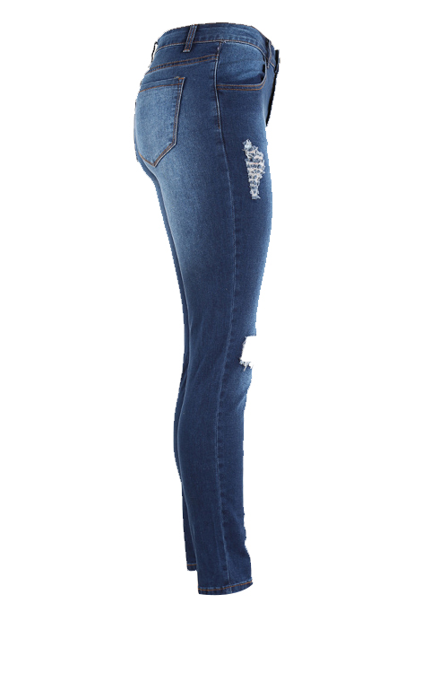  Fashion Mid Waist Broken Holes Blue Denim Zipped Jeans