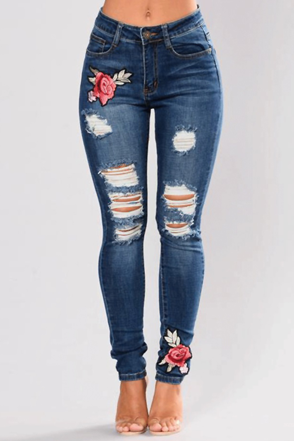  Fashion Mid Waist Broken Holes Embroidered Design Dark Blue Denim Pants