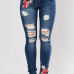  Fashion Mid Waist Broken Holes Embroidered Design Dark Blue Denim Pants