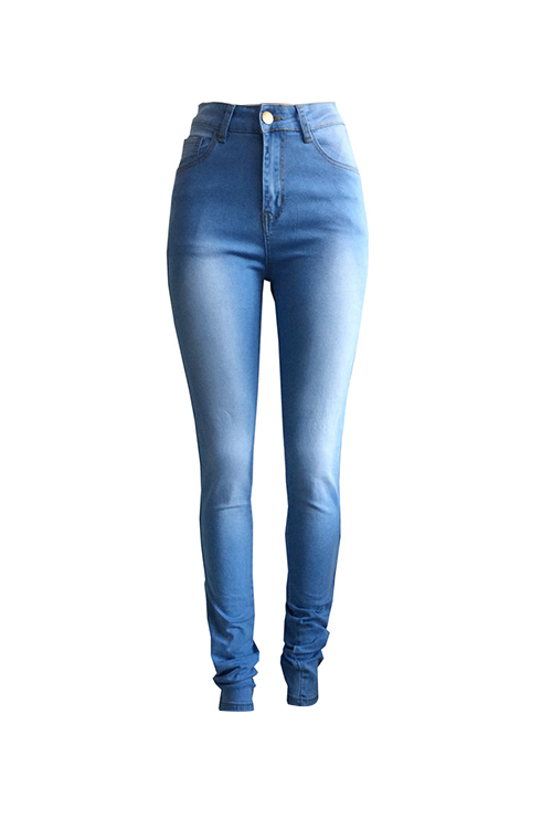  Fashion Mid Waist Broken Holes Light Blue Denim Zipped Jeans