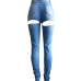  Fashion Mid Waist Broken Holes Light Blue Denim Zipped Jeans