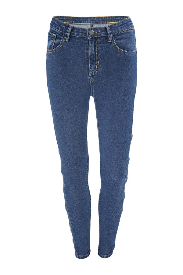  Fashion Mid Waist Eyelets Design Blue Denim Pants