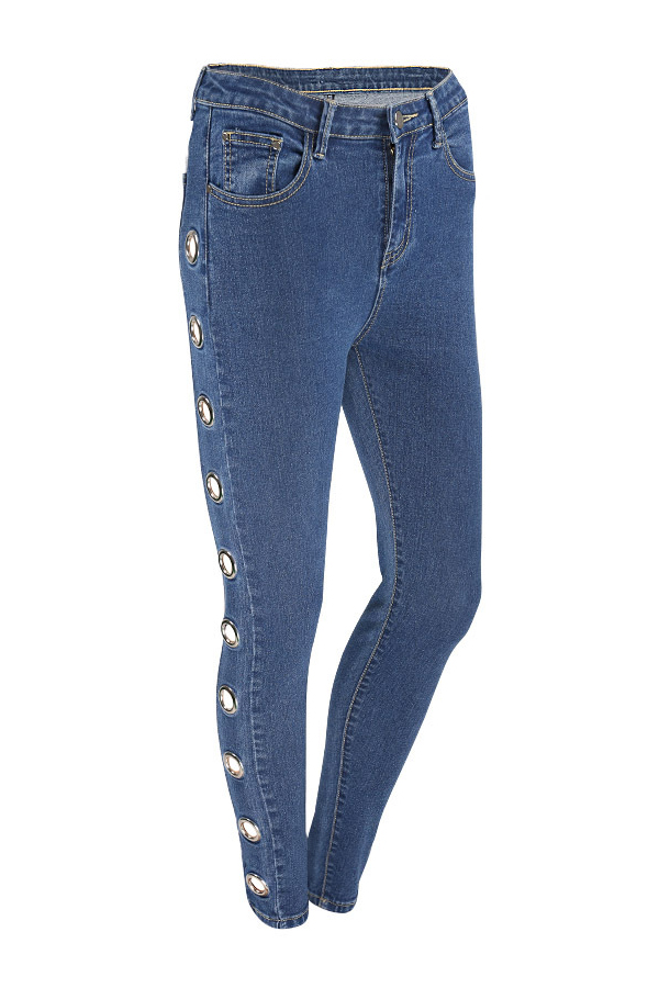  Fashion Mid Waist Eyelets Design Blue Denim Pants