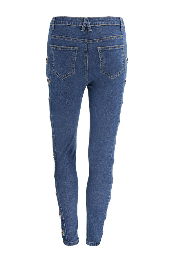  Fashion Mid Waist Eyelets Design Blue Denim Pants