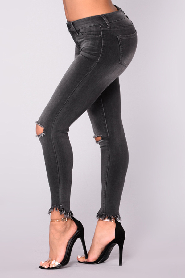  Fashionable High Waist Broken Holes Black Denim Zipped Pants