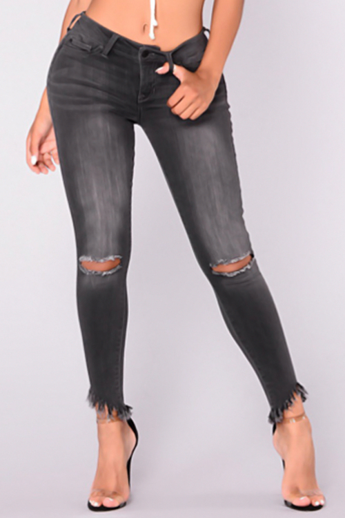  Fashionable High Waist Broken Holes Black Denim Zipped Pants