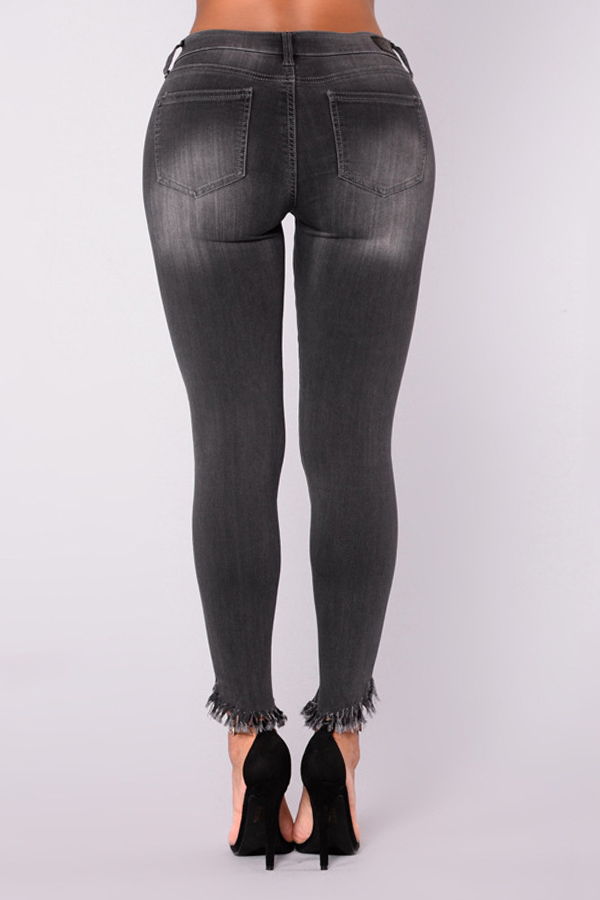  Fashionable High Waist Broken Holes Black Denim Zipped Pants