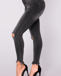  Fashionable High Waist Broken Holes Black Denim Zipped Pants