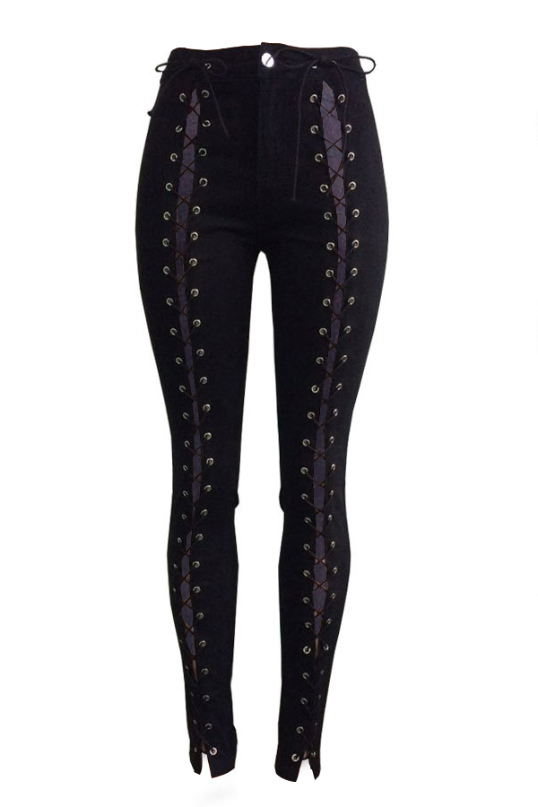  Fashionable High Waist Lace-up Hollow-out Black Denim Pants