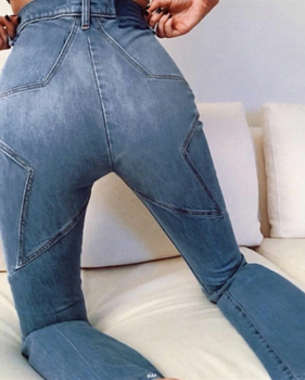  Fashionable  High Waist Zipper Design Blue Denim Jeans