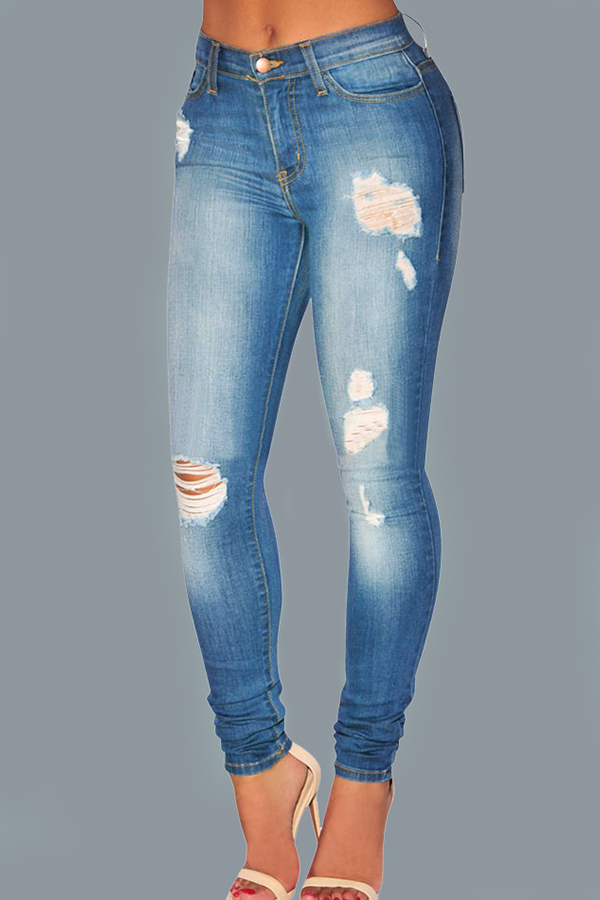  Fashionable Mid Waist Broken Holes Blue Denim Zipped Pants