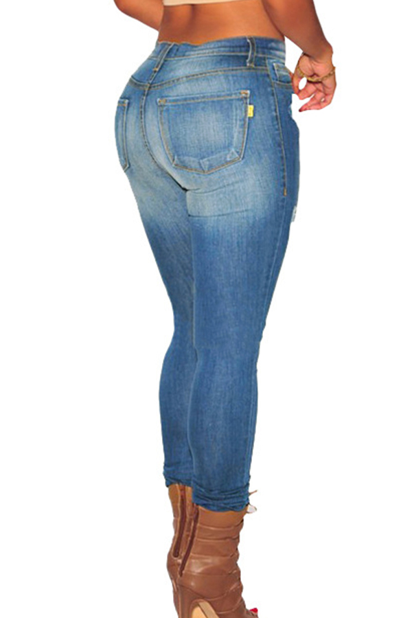  Fashionable Mid Waist Broken Holes Blue Denim Zipped Pants