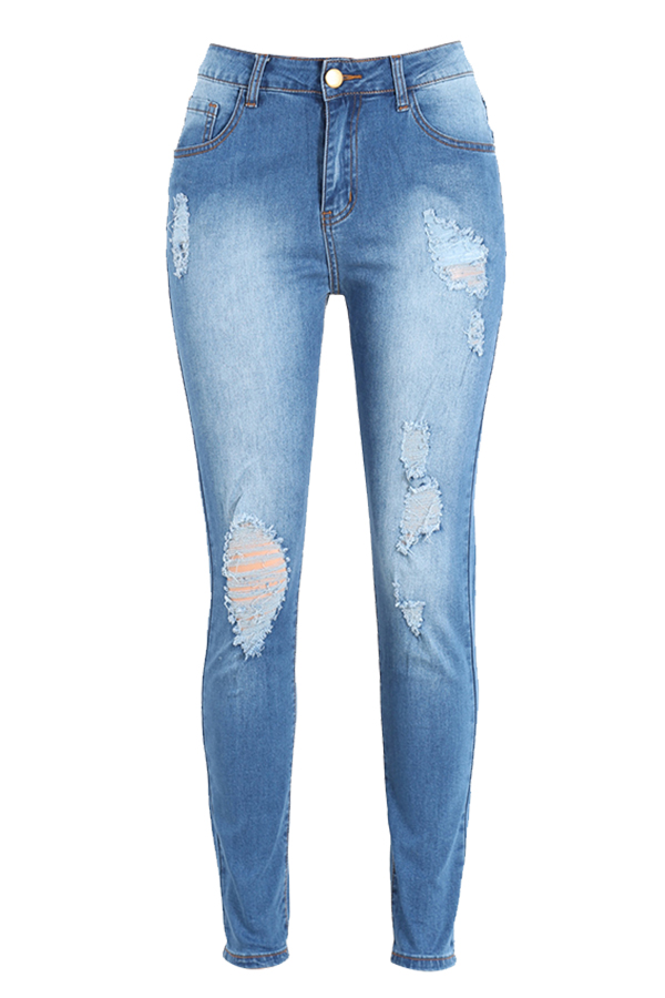  Fashionable Mid Waist Broken Holes Blue Denim Zipped Pants