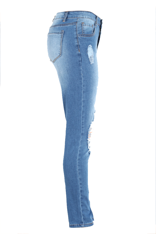  Fashionable Mid Waist Broken Holes Blue Denim Zipped Pants