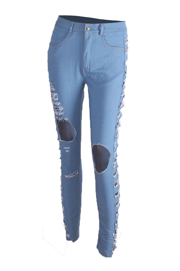  Sexy High Waist Hollow-out Light Blue Polyester Pants