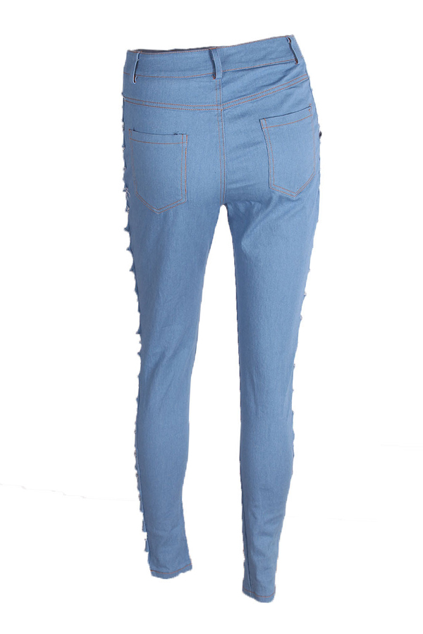  Sexy High Waist Hollow-out Light Blue Polyester Pants