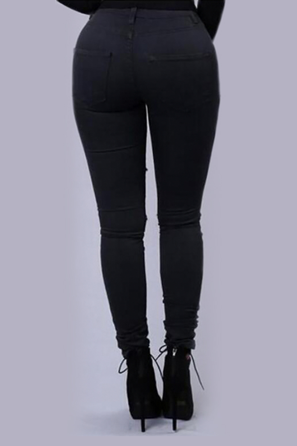  Stylish High Waist Broken Holes Black Denim Pants