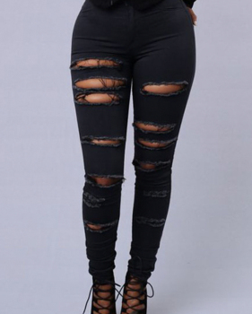  Stylish High Waist Broken Holes Black Denim Pants