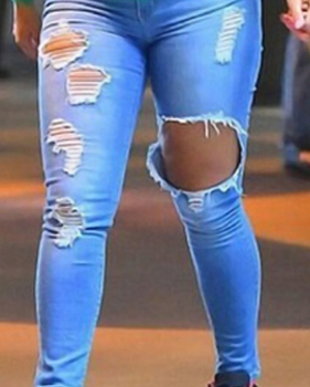  Stylish High Waist Broken Holes Blue Pants 