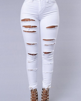  Stylish High Waist Broken Holes White Denim Pants