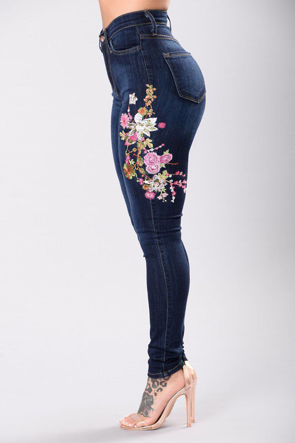  Stylish High Waist Embroidered Design Dark Blue Denim Pants