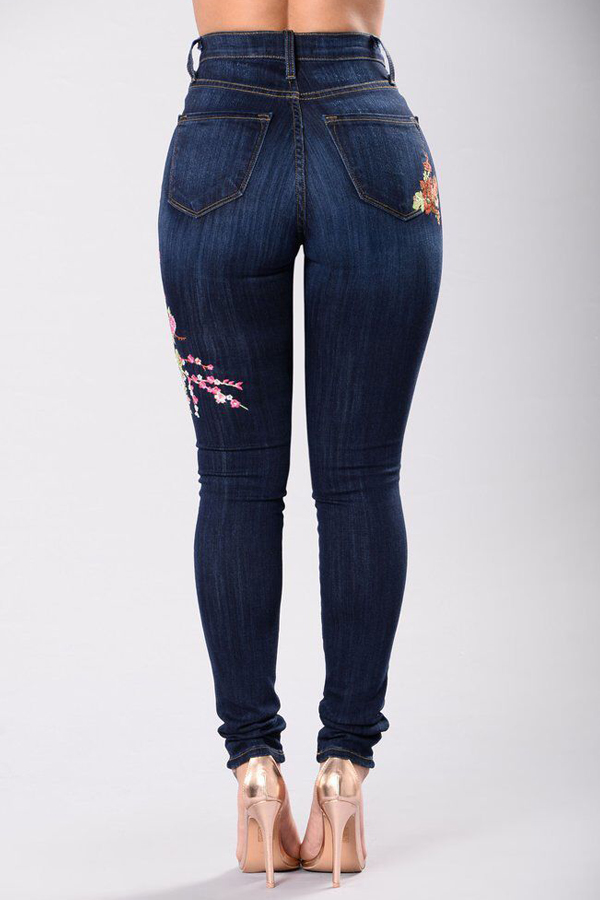  Stylish High Waist Embroidered Design Dark Blue Denim Pants