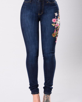  Stylish High Waist Embroidered Design Dark Blue Denim Pants