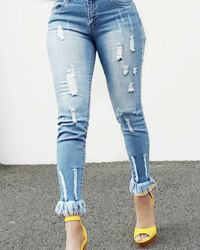  Stylish High Waist Tassel Design Blue Denim Pants